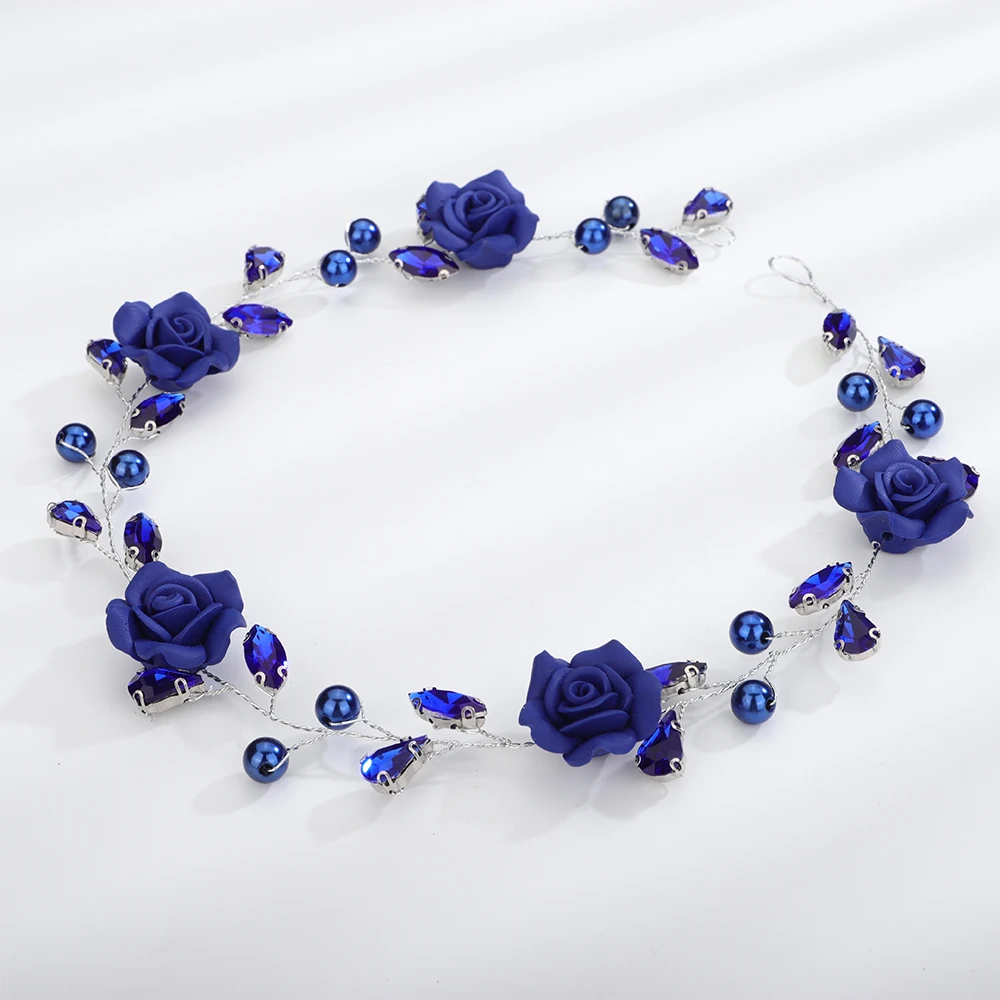 Trendy Wedding Headpiece Blue Flower Rhinestone Headband for Bridal Hair Accessories Pearl Simple Ornament Tiara Bride Headdress