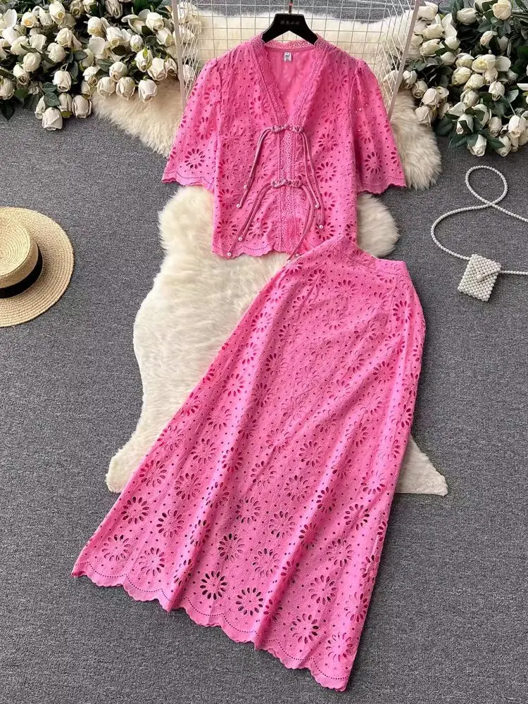 

Summer Elegant Cotton Flower Embroidery Two Piece Set Women Short Sleeve V Neck Pearls Frog Buttons Shirt Top＋Long Skirts Suit