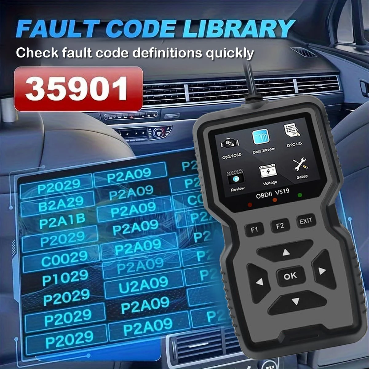 차량 OBD2 스캐너 진단 도구 코드 리더, 차량 전압 테스터 엔진 고장 코드 스캐너, 충전 테스터 진단 도구 V519