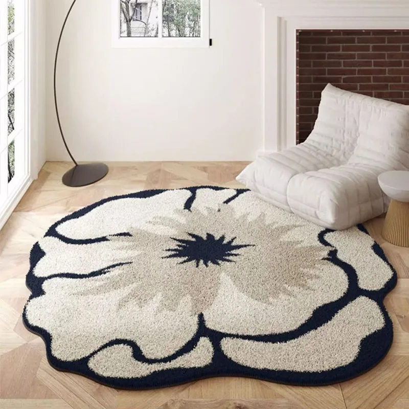 Round Living Room Carpet Coffee Table Area Rugs Fluffy And Soft Faux Wool Fluffy Lounge Rug Non-Slip Flower Pattern Retro Carpet