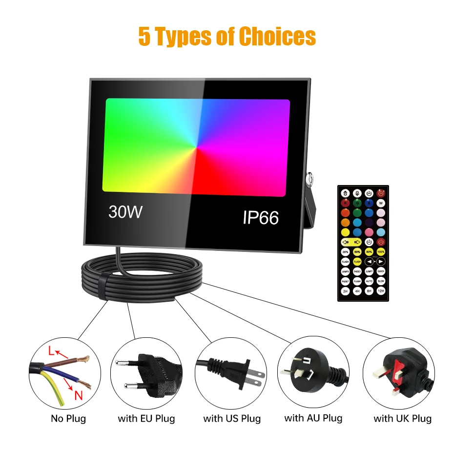 RGB 투광 조명 방수 IP66 80W 50W 30W 야외 LED 스포트라이트 AC85-265V 정원 장식 조명 (EU AU UK US 플러그 포함)