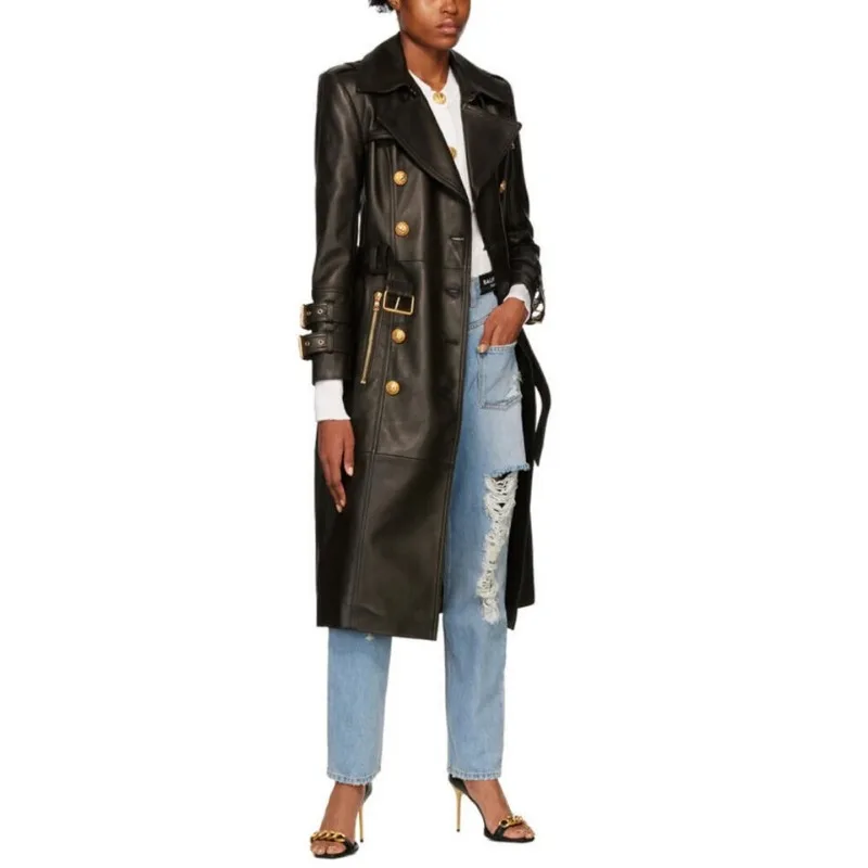 Women's Black Leather Windbreaker Genuine Sheepskin Double Breasted Style Coat European and American Fashion Trend