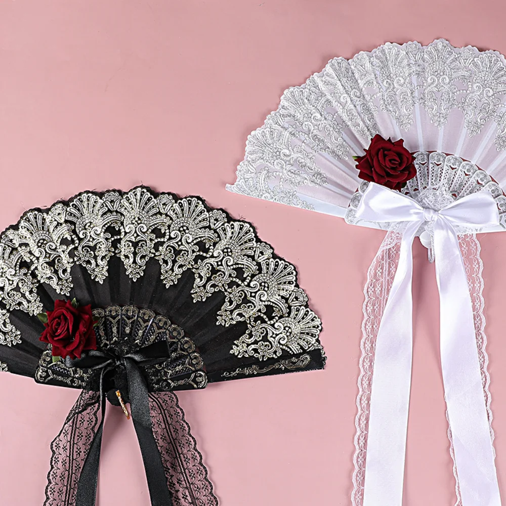 Lolita Gothic Fan Victorian Female Lace Hand Fan Vintage Rose Bamboo Fans Cosplay Halloween Party Supplies