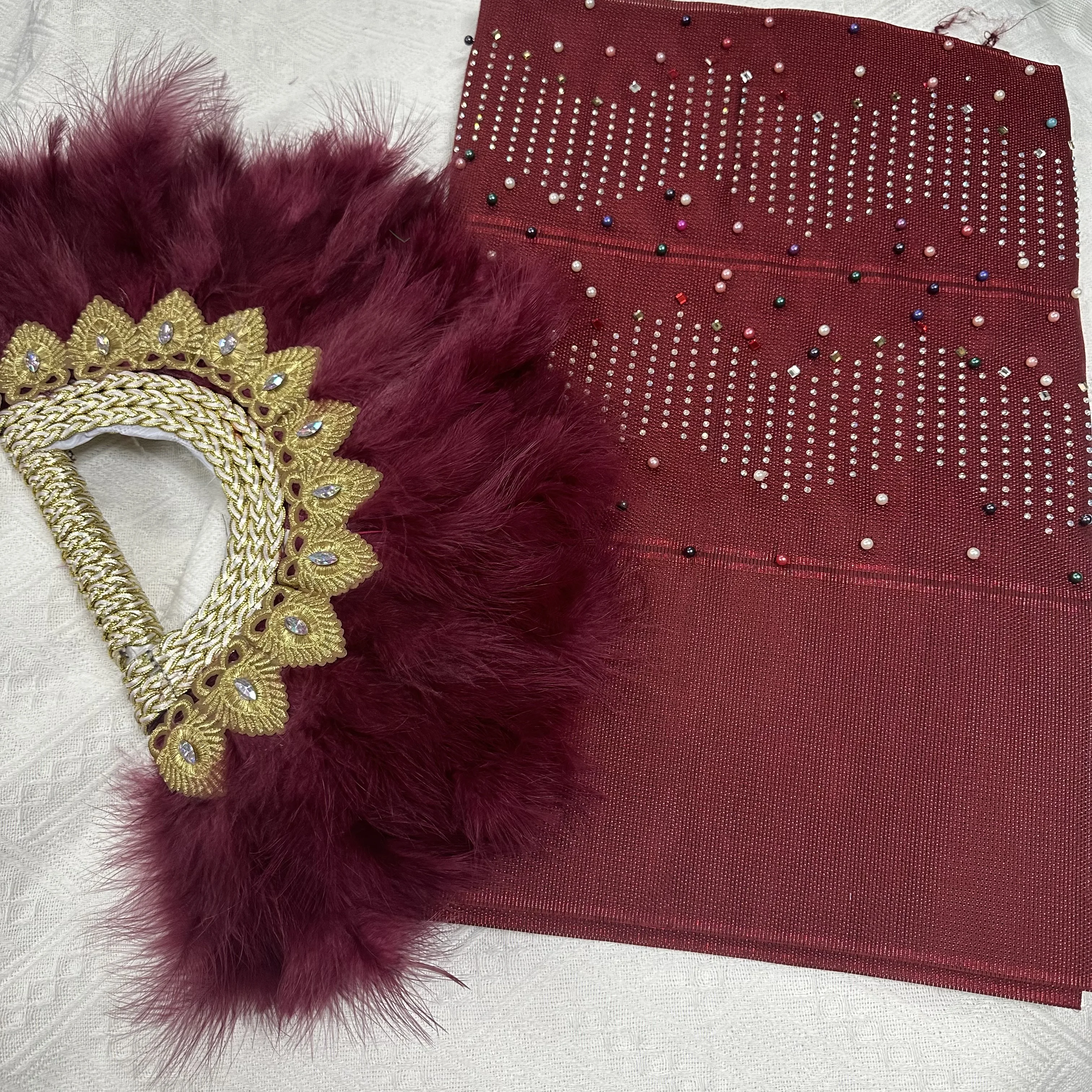 

Wine Feather Fan With ASO OKE Headtie Matching For Ladies Wedding Party Nigerian Style Fan New Design African Handfan