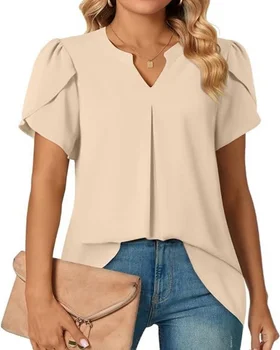 Women's Short Sleeve V Neck Chiffon Blouse with Puff Sleeves and High Low Hem for Casual Summer Wear 1