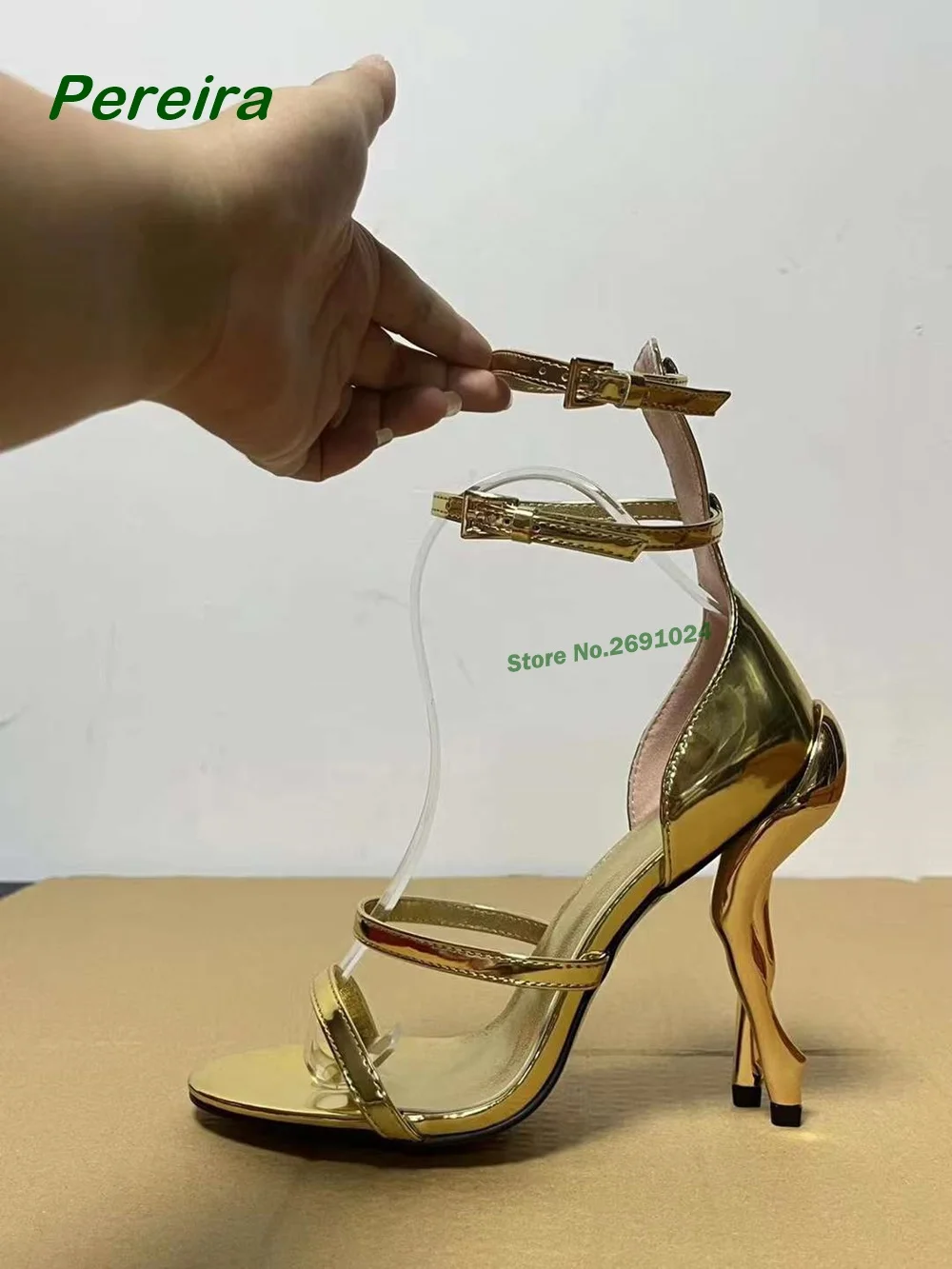 

Buckle Strange Style Sandals High Heels Open Toe One-Strap Glossy Women's Sandals Summer Newest Runway Shoes Gold Luxury Shoes