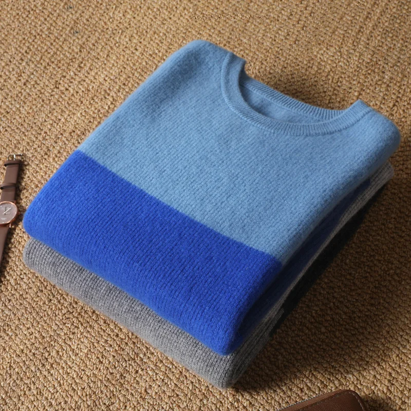 100% Pure Wool Men's Sweater Knitted Sweater Round Neck  Color Matching Loose Casual Wool Base Sweater Fashionable Sweater