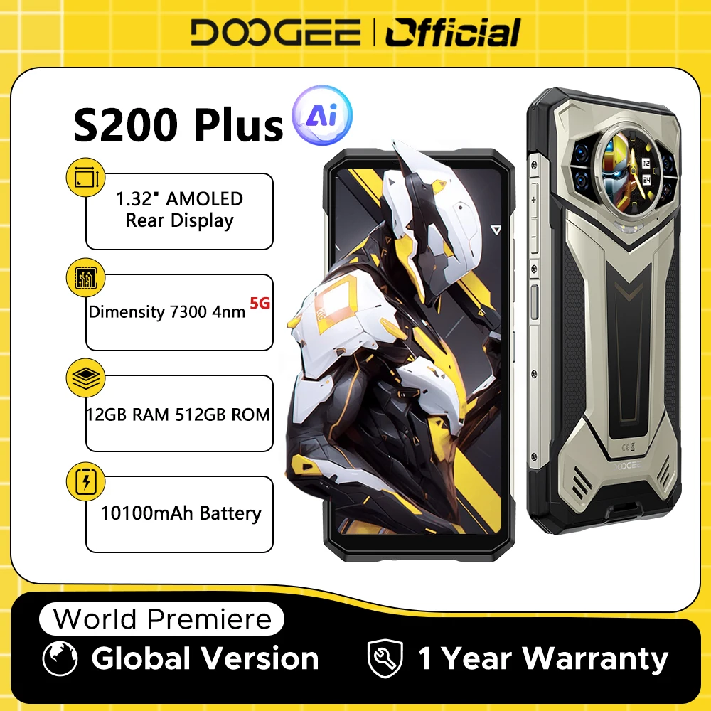 DOOGEE S200 Plus 5G AI Rugged Phone Dimensity 7300 4nm 1.32" Rear Display 6.72'' 120Hz 12+512GB 10100 mAh Battery Smart Phone