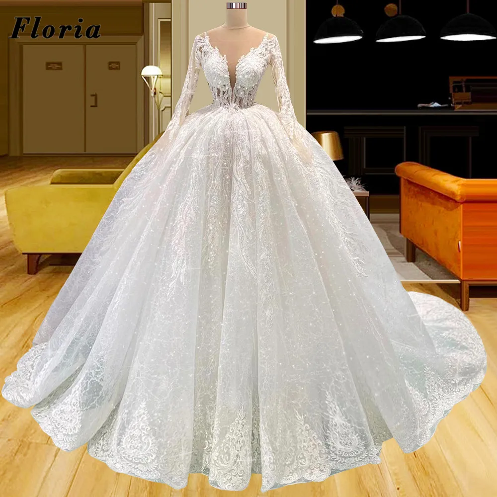 

Floria Haute Couture Beading Crystals Wedding Dresses 2022 Vestidos De Noiva Princess Dubai Bride Gowns Long Lace Bridal Dress