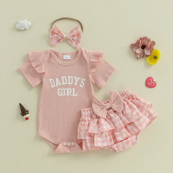 0-18M Neonato Neonate Vestiti estivi Abiti Manica corta Lettere Stampa Pagliaccetto Pantaloncini scozzesi con fascia per capelli Set da 3 pezzi 1