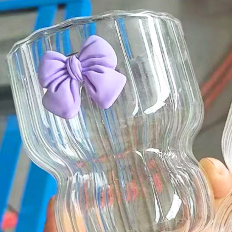 300ML high borosilicate glass cup Pink bow heat-resistant coffee cup vertical grain fat tea girl heart cold and hot dual