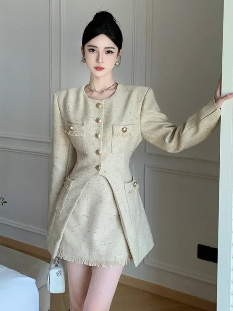 

High Street French Small Fragrant Two Piece Set For Women Fashion Long Sleeve Coat + High Waist Tassel Skirt 2 Piece Outfits