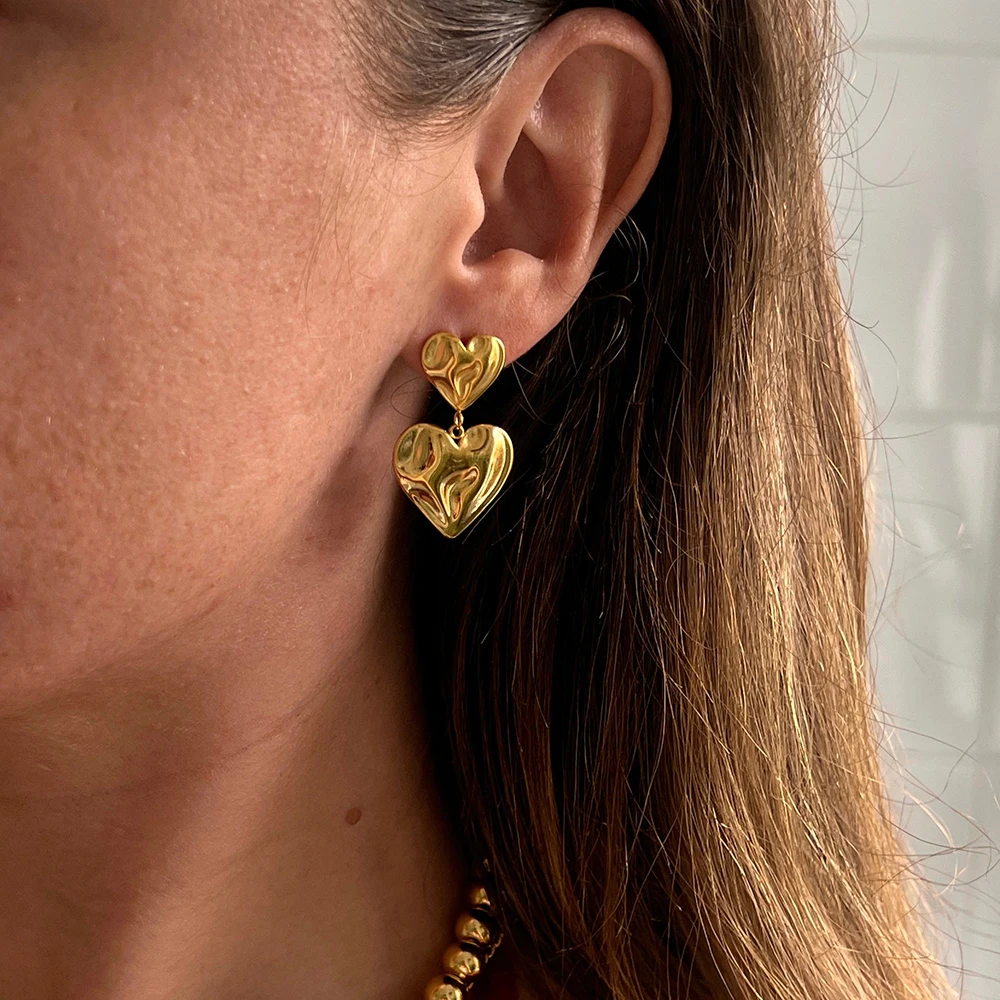 New Vintage Lava Textured Double Love Heart Dangle Earrings for Women Girls 18K Gold Plated Waterproof Statement Earring Jewelry