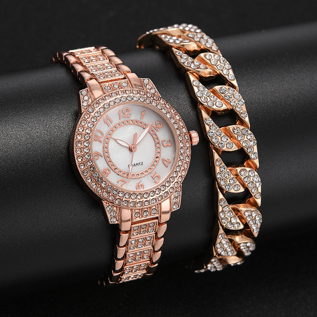 2PCSWomenWatchSetFashionElegantAlloyWatchRoseGoldAlloyStrap