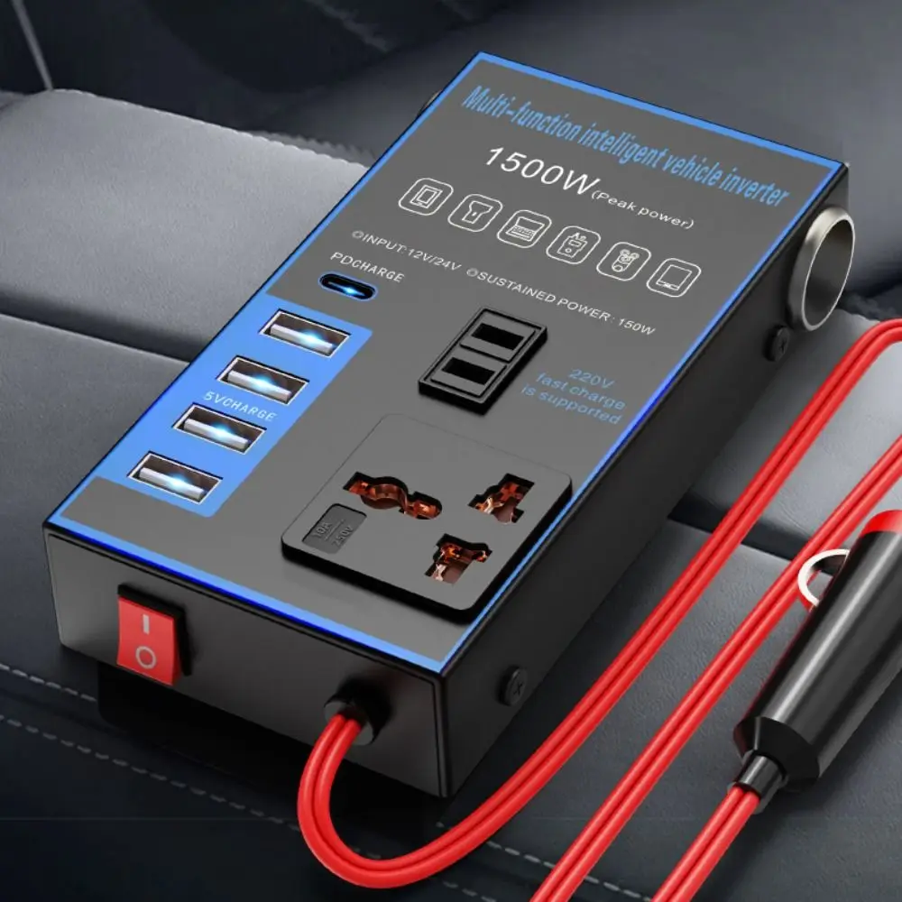 휴대용 범용 자동차 인버터 DC 12V/24V에서 AC 220V 고출력 자동차 변환기 소켓 4 USB/PD 1500W 전원 어댑터