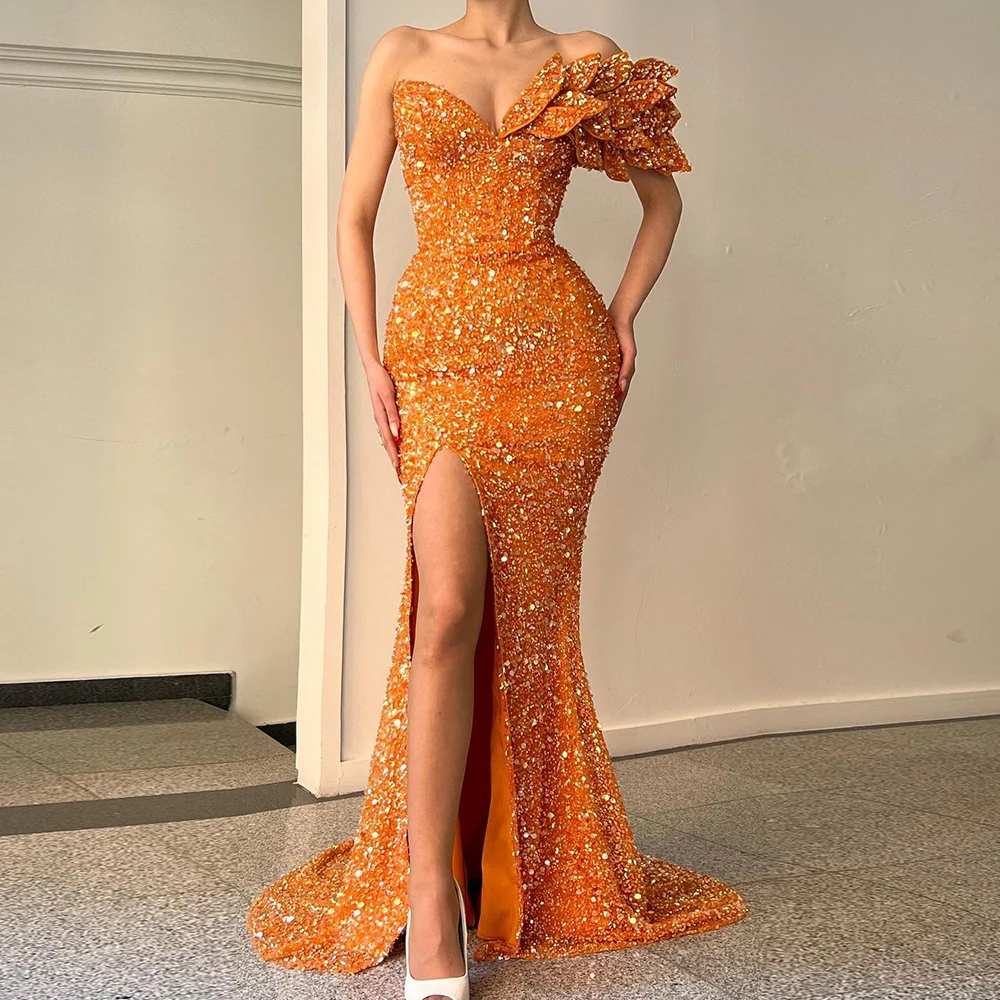 Sexy Evening Dresses Luxury Sparkle V-Neck Sequin Mermaid Pageant Dress Side Split Sleeveless Orange Simple Long Prom Gowns