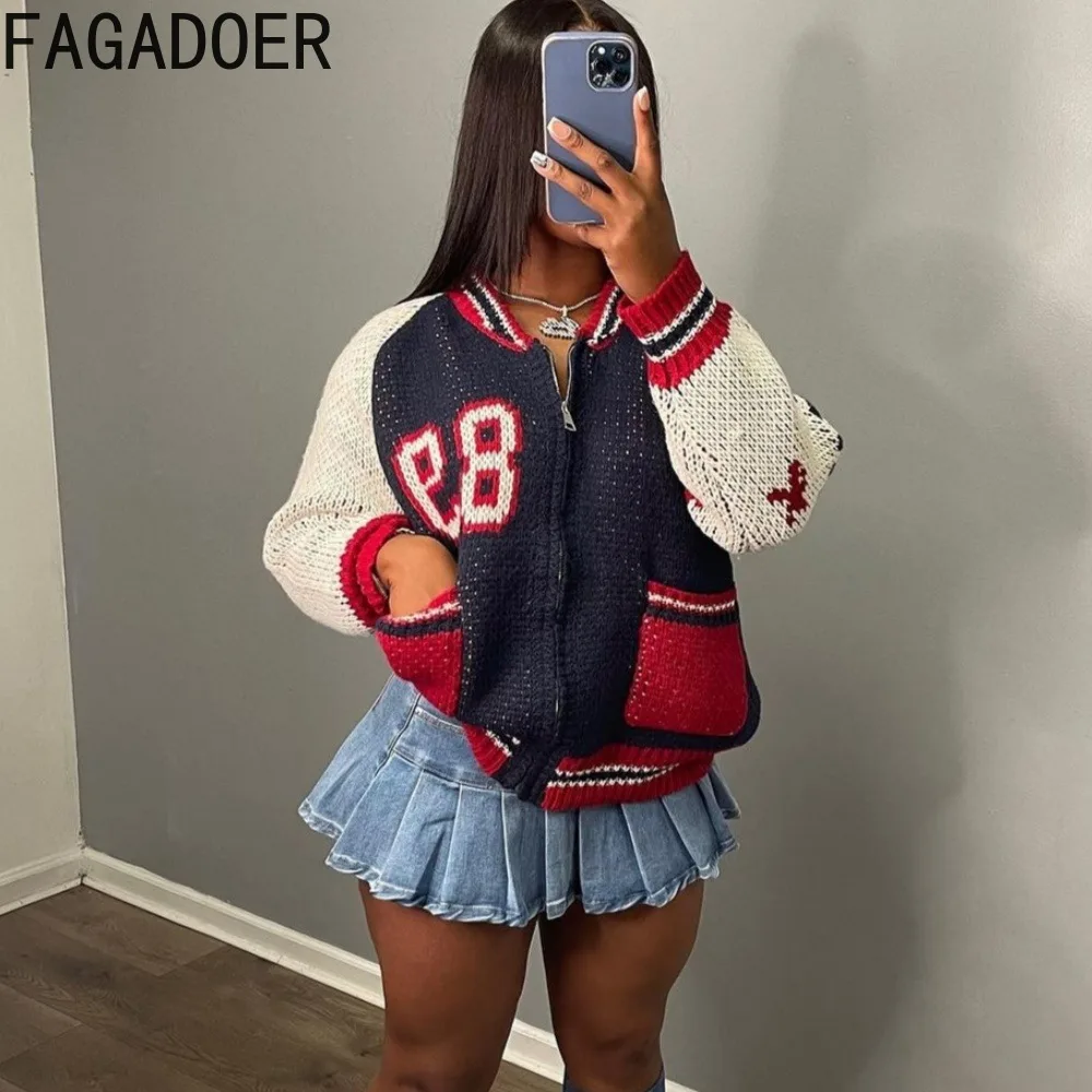 FAGADOER Fashion Knitting Letter Printing Patchwork Coats Women Zipper Long Sleeve Pocket Baseball Jacket Female Matching Tops