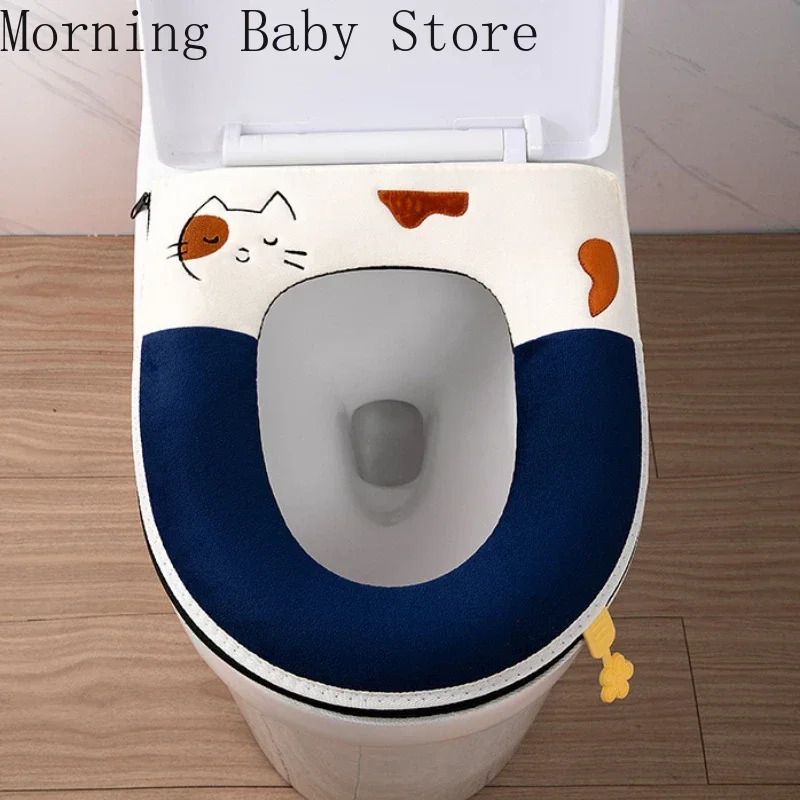 Toilet Seat Cover Mat Warmer Washable Toilet Mat Cover Pad Cushion Soft Cartoon Cat Embroidery Toilet Seat Cover with Zipper Bathroom Accessories