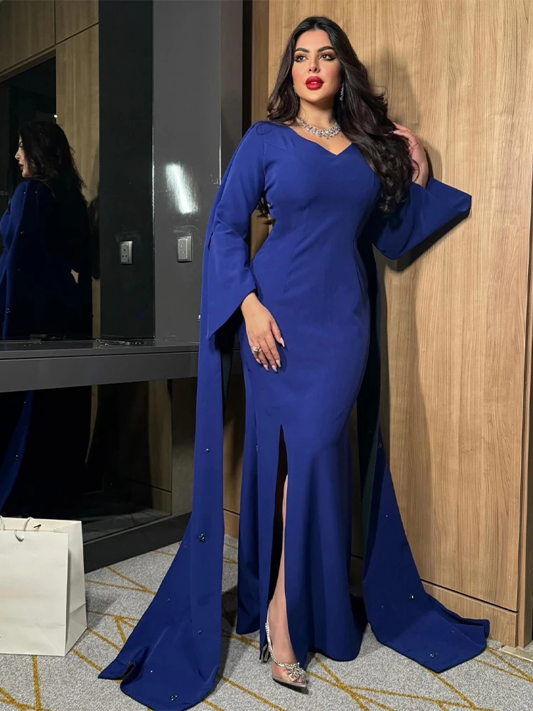 

Dark Royal Blue Evening Dress Long Sleeves V Neck Mermaid Formal Party Gowns for Women 2024 Side Split Trumpet Evening Dress