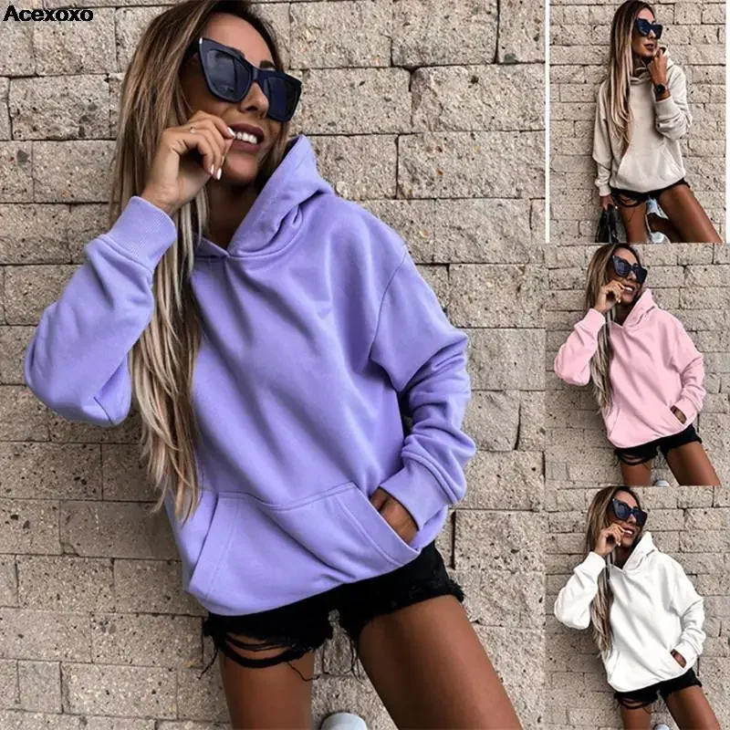 

2023 autumn and winter new women's fashion casual long-sleeved pure color wool pocket hoodie