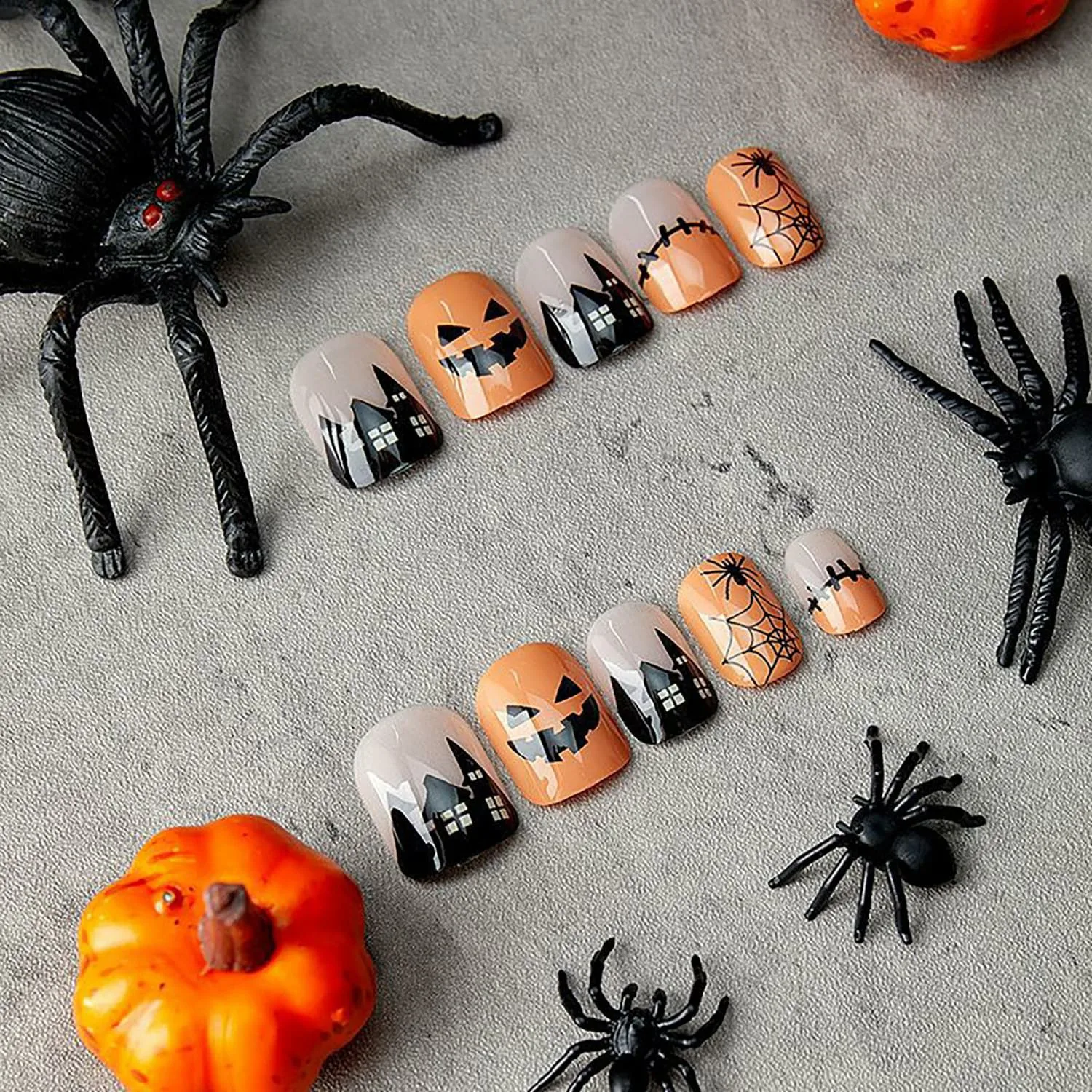 24pcs Short False Nail For Halloween Nail Diy Decor Supplies Cute Pumpkin Ghosts Pattern Fake Nail Tips For Girls Press On Nails 5