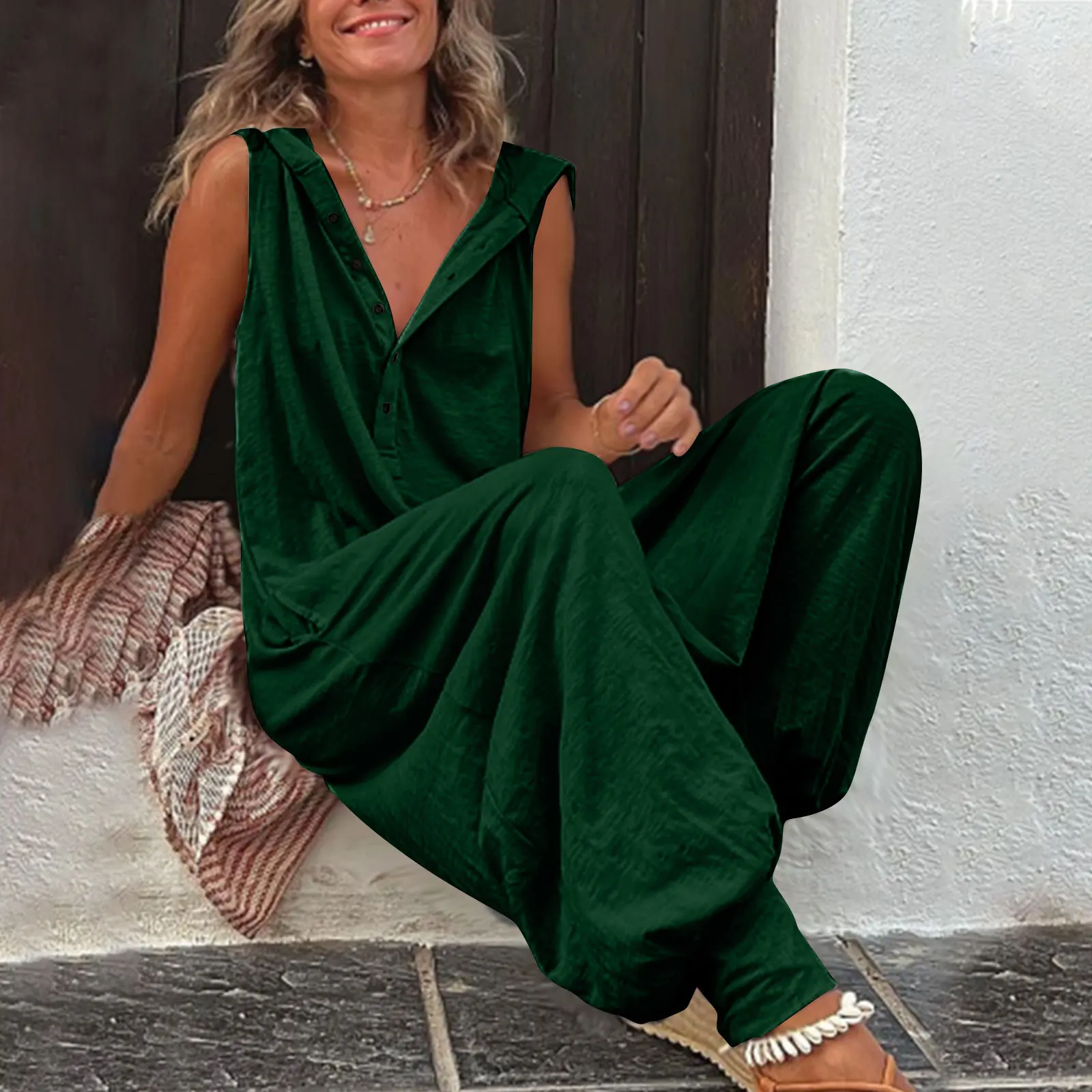 Ladies Bib Pants Trousers Loose Casual Female Women Hooded Sleeveless One-Piece Wide-Leg Rompers Overalls Jumpsuits Streetwear 4