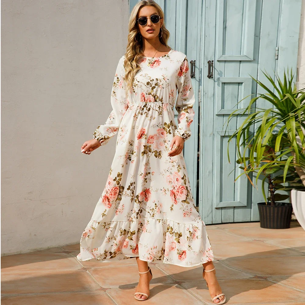 

2024 Sping Autumn Floral Long Dress Bohemian Casual Full Sleeve High Waist Beach Woman Chiffon Dresses