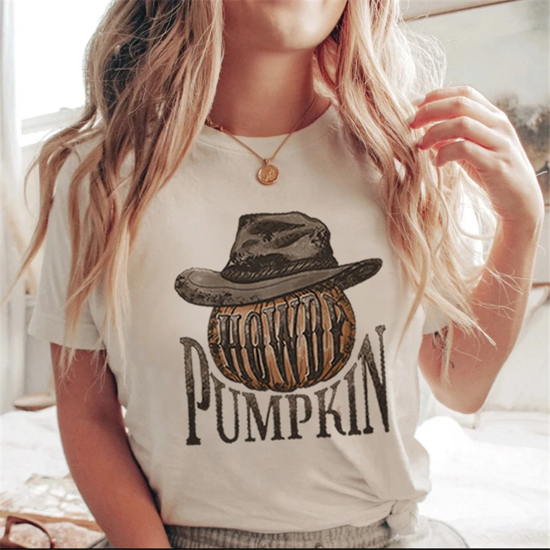 Lettera stampata bianca cartone animato Halloween autunno maglietta casual vestiti tendenza anni '90 donna donna T costume donna stampa grafica925_voghion.com