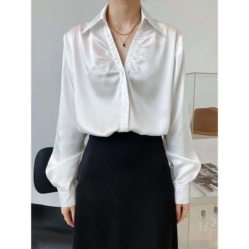 French Pleated V-neck Acetic Acid Satin Surface Women Spring Long Sleeved Simplicity Temperament Light Ripe Wind All-match Shirt