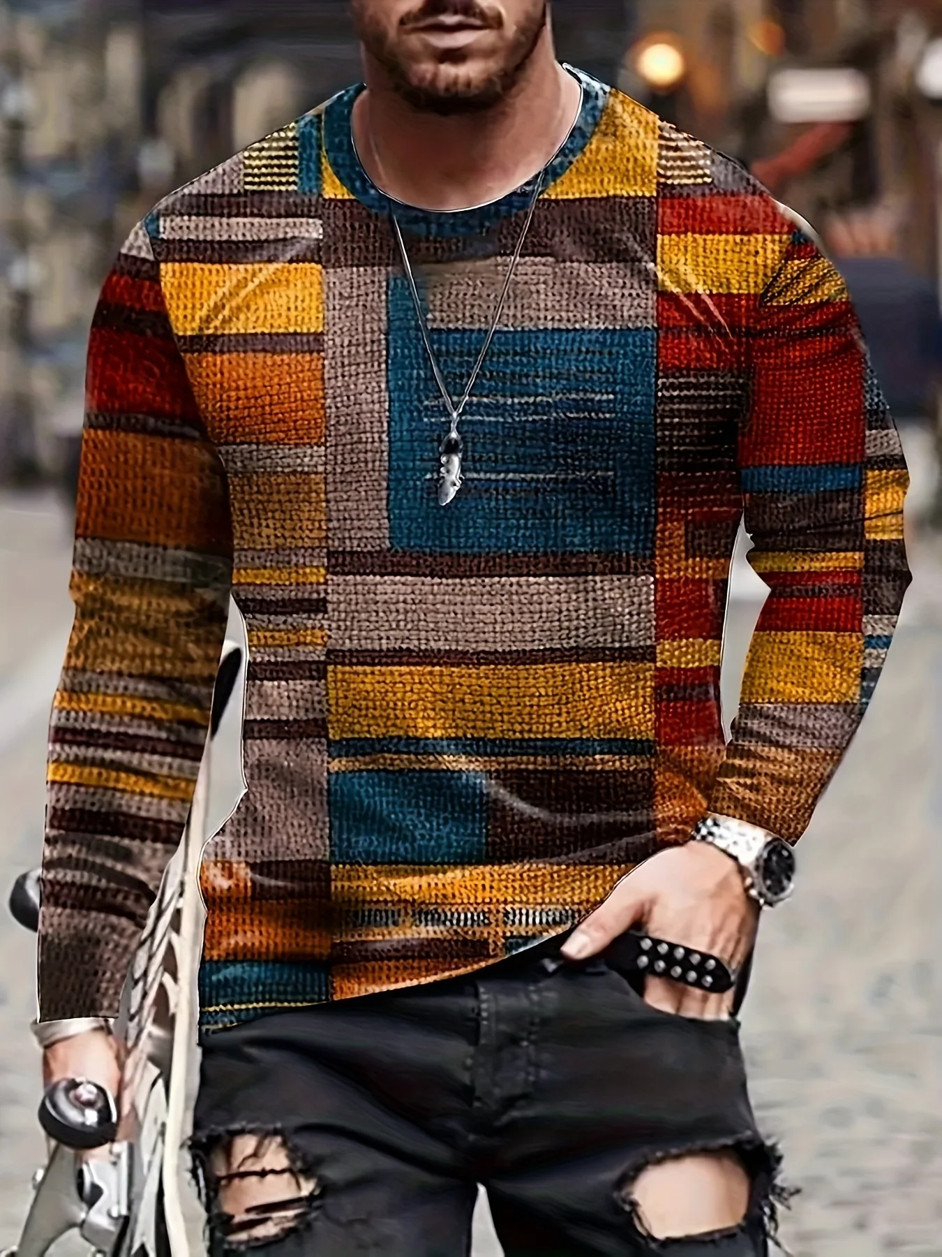 Men's Colorful Irregular Plaid Pattern Round Neck Long-sleeved T-shirt Spring And Autumn Outdoor Sports Tops Tee mens long sleeve t shirt