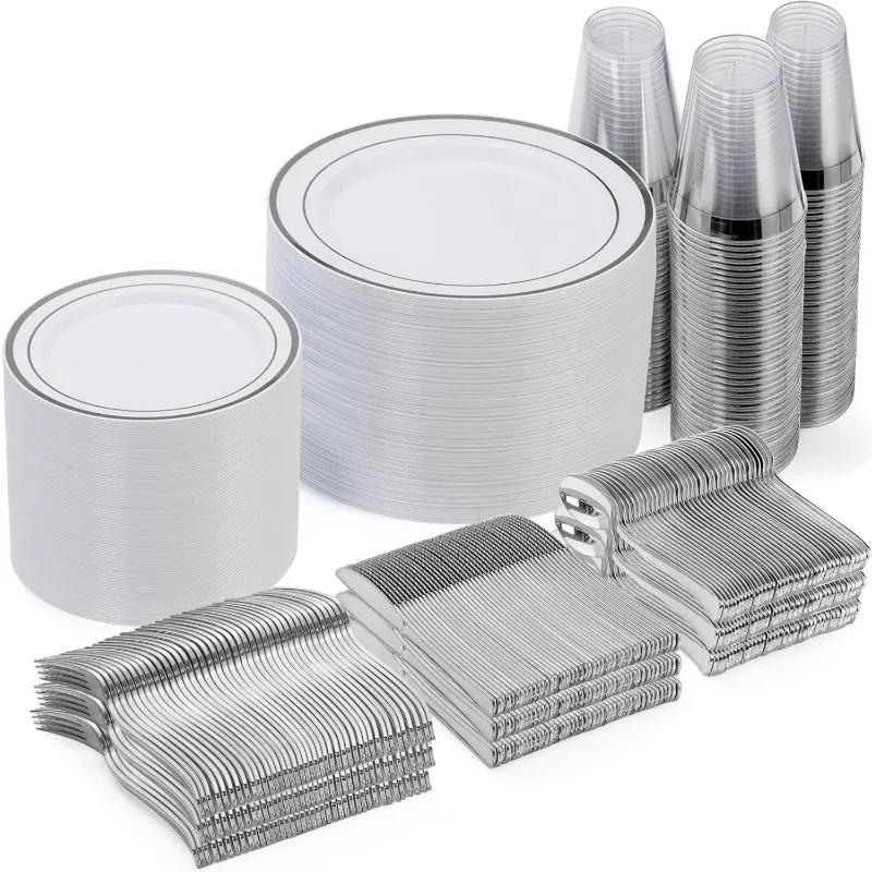600 Piece Disposable Silver Plates for 100 Guests, Plastic Dinnerware Set of 100 Dinner Plates, Salad Plates, Spoons