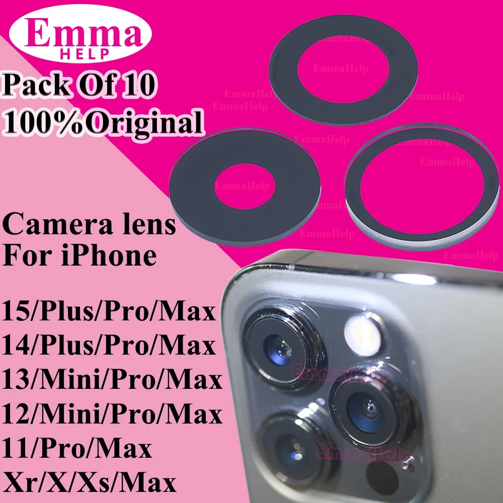 

EmmaHelp 10set New Original Rear Back Glass Lens Camera For iPhone 15 Pro Max 14 Plus 11 12 13 Pro X XR XS Mini SE With Adhesive
