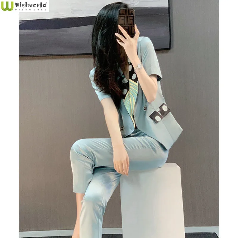 

2022 New Women's Suit Spring and Summer Fashion Temperament Short Sleeve Suit High Waist Pants Two Piece Elegant Women's Suit