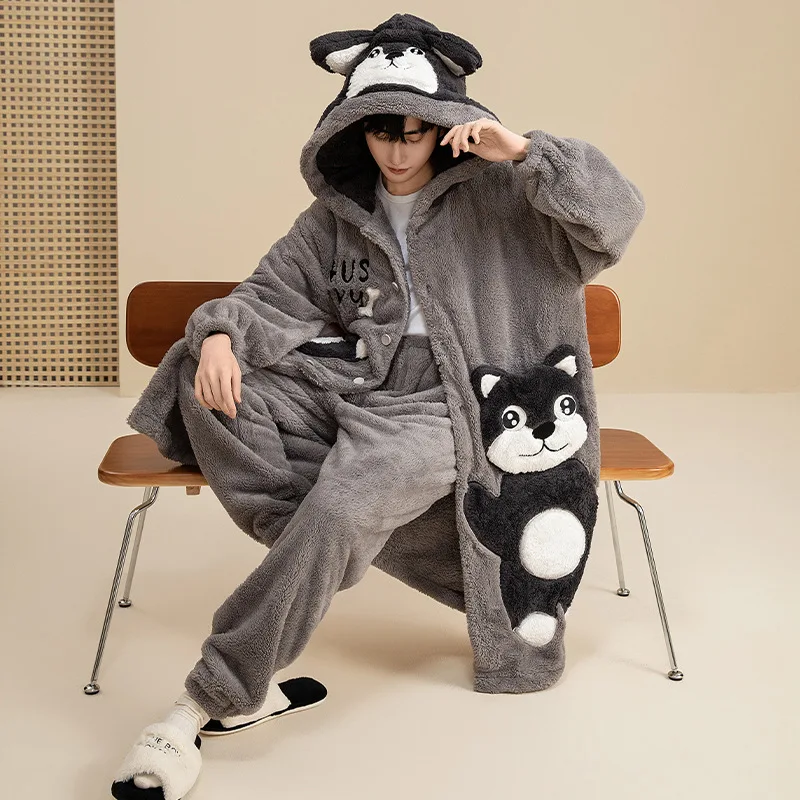 Winter Men Pijama Sets 2PCS Adult Korean Hooded Sleepwear Pyjamas Male Loungewear Cool Cartoon Thicken Soft Warm Robe + Trousers men pyjamas