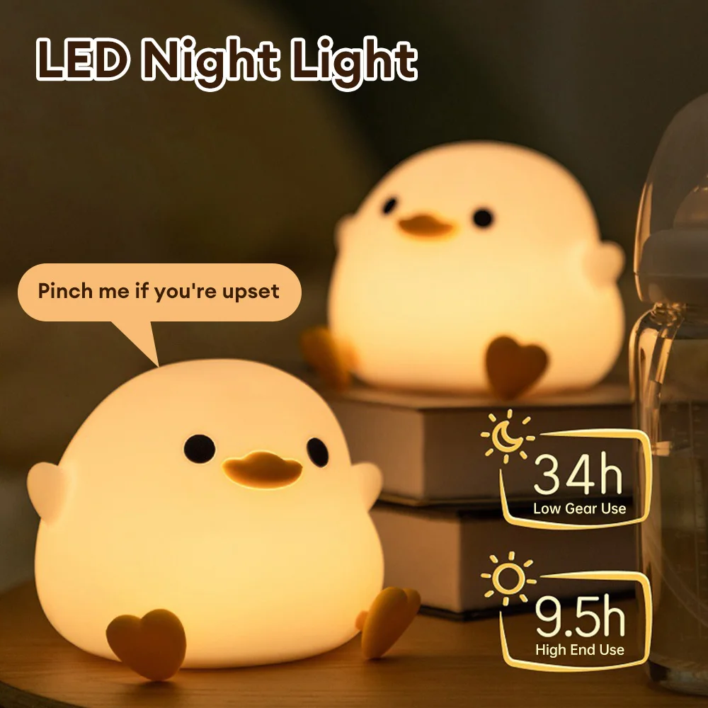 LED Night Light Cute Duck Cartoon Animals Silicone Nursery Night Light USB Rechargeable Bedside Lamp Touch Sensor Timing Lamp images - 6