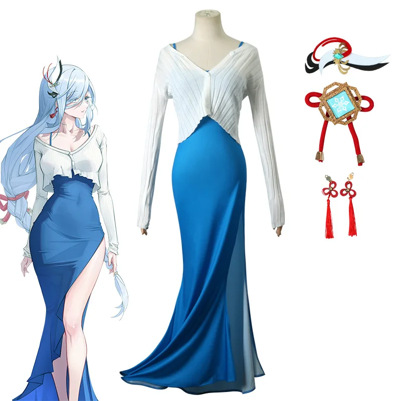 

Anime Genshin Impact Cosplay Costume Shenhe Blue Long Dress Suspender Knit Outfit Daily Life Clothes Women Halloween Full set