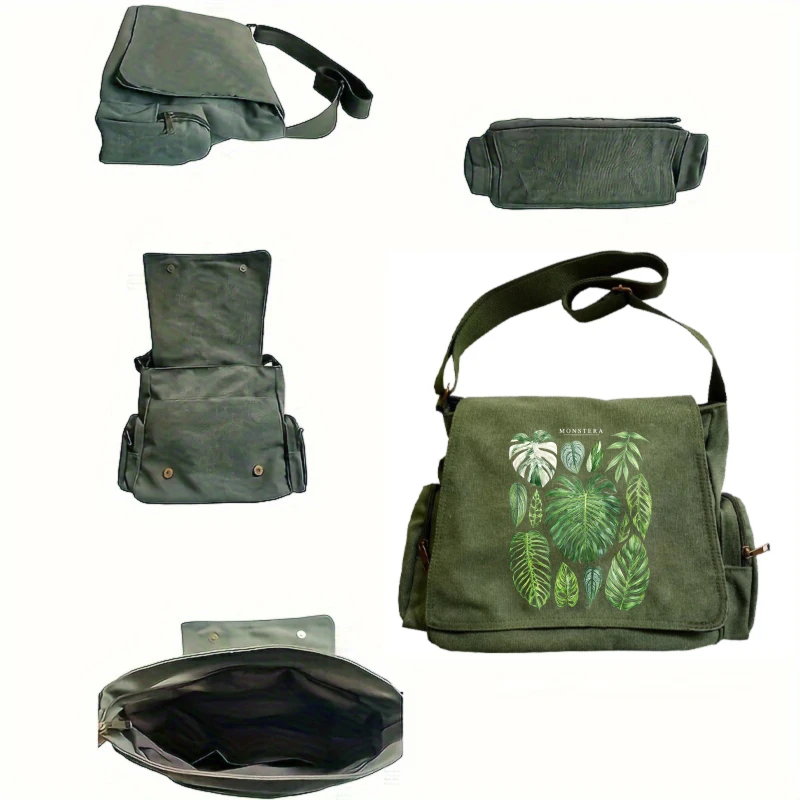 Monstera Print Women's Shoulder Bag Canvas Men's Crossbody Bag Large Capacity Messenger Bag Daily Use