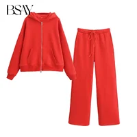 BSAY Women Fashion Autumn 2pcs Solid Long Sleeved Zip Hooded Sweatshirt Loose Jacket Female Straight Pants Two Piece Set - Image 2