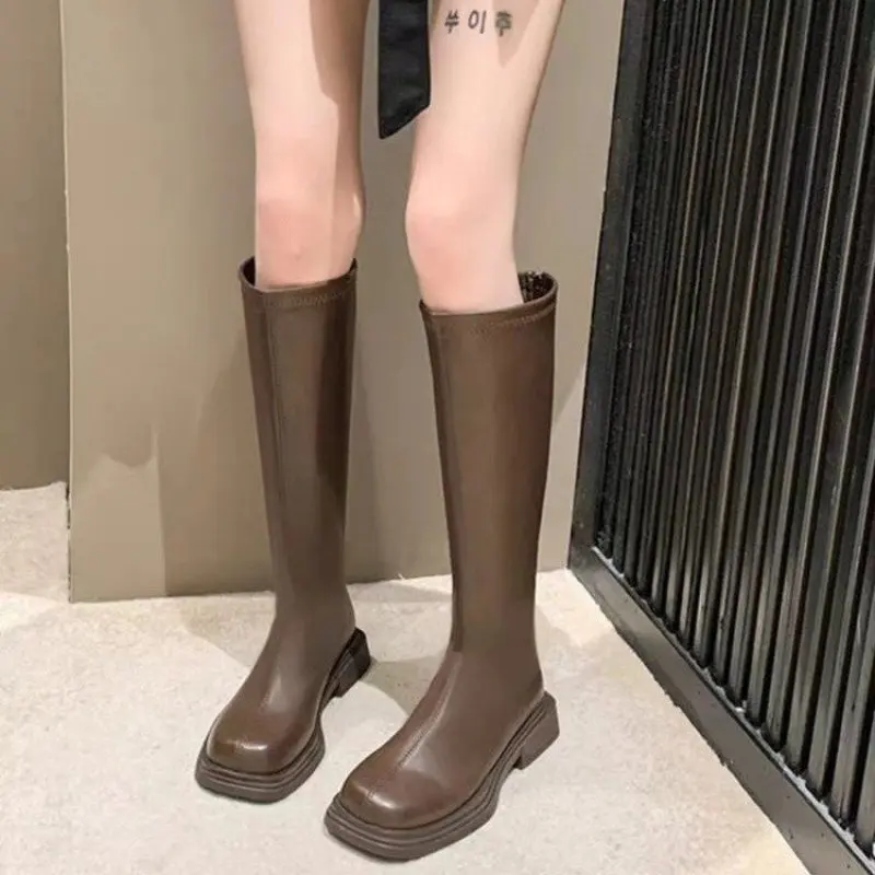 Heel Lady Boots Round Toe Women's Shoes Platform Women Zipper Over-the-Knee Clogs Rubber Autumn Basic Solid Retro Fashion New 40