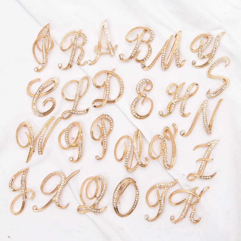 Women Luxury Letter Brooch Pins In Gold Color Rhinestones Crystal English Alphabet Metal Pins Cute Jewelry Accessories Gift