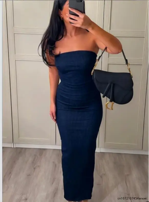 

Sexy Strapless Backless Zipper Split Dress Party Blue Denim Female Long Dress for Women Clothes Summer Evening Dresses