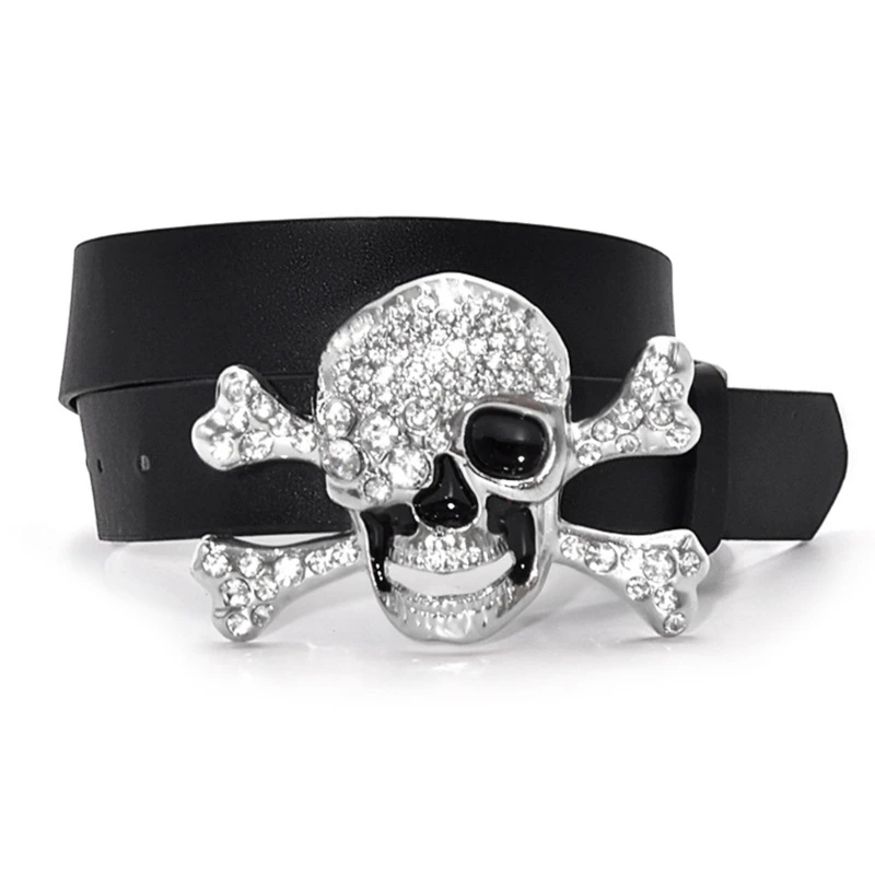 

Adult Waist Belt with Skull Head Buckle Luxurious Punk Waist Belt Fashion Belts Full Rhinestone Buckle Wide Belt