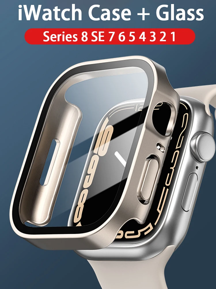 Glass+Case For Apple Watch 9 8 7 45mm 41mm 44mm 40mm straight edge Screen Protector Cover Case iWatch Series 4 5 SE 6 Ultra 49mm