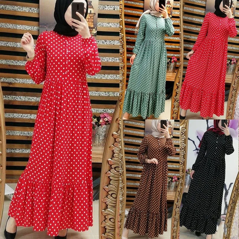 WEPBEL Women Abaya Vintage Muslim Dress Dot Print Casual Full Sleeve New Fashion Summer O Neck Ruffles Arabic Dresses