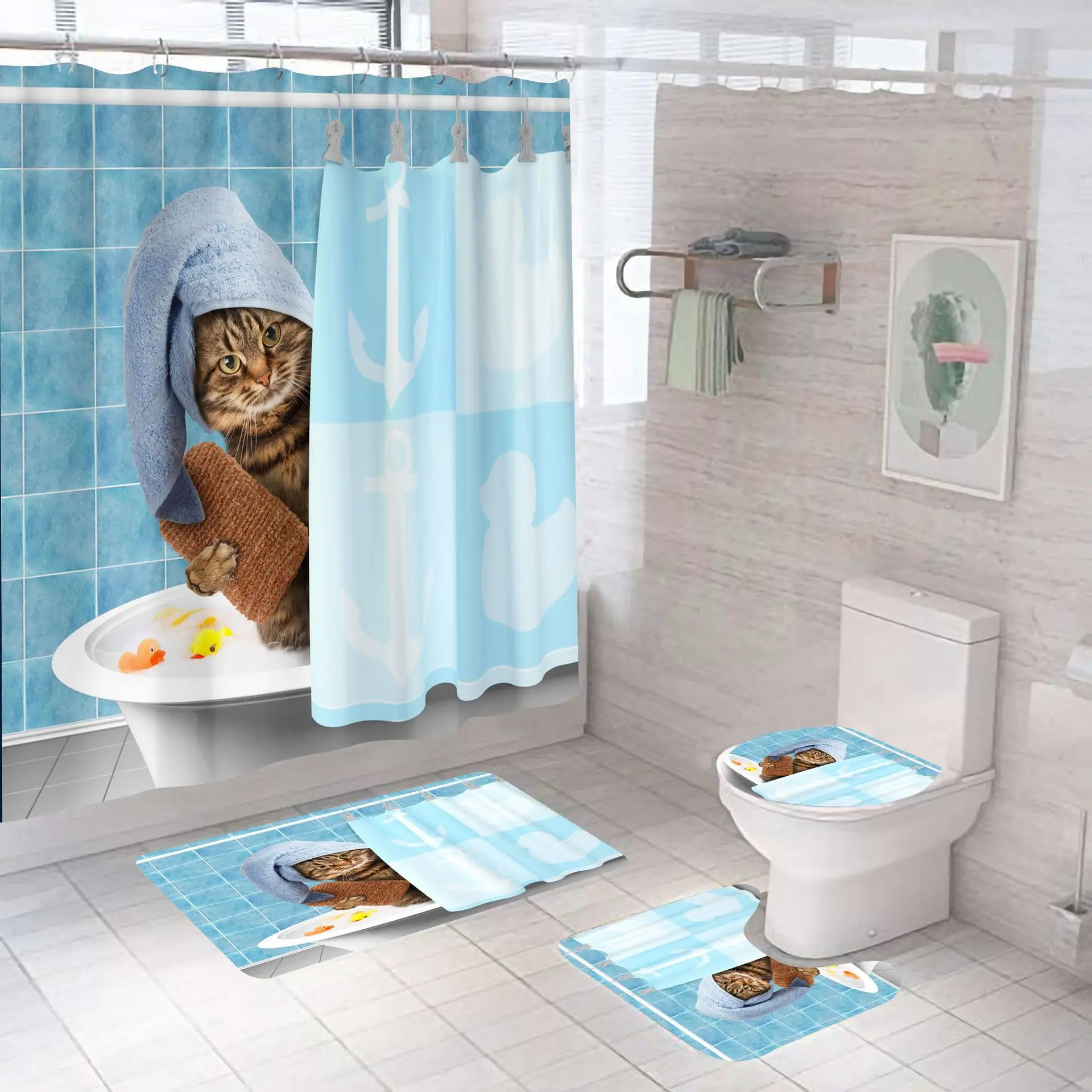 

Shower Curtains Bathroom Set Horse Lion with Hooks Mat Decor Waterproof Cat Animals Bath Polyester Fabric 3D