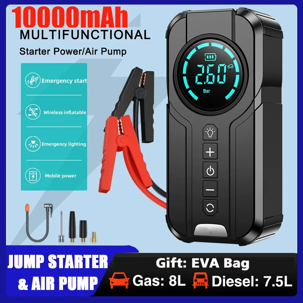 

Car Jump Starter Air Pump Power Bank Lighting Portable Air Compressor 4 In 1 Cars Battery Starters Starting Auto Tyre Inflator