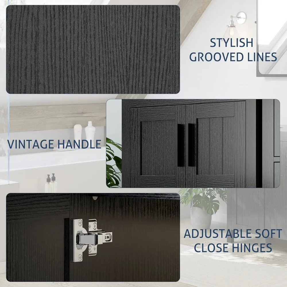 Black 48" Bathroom Vanity with Sink Combo,Modern Sink Cabinet,Bathroom Vanity Cabinet,3 Drawers Cabinet,Grooved Doors 4