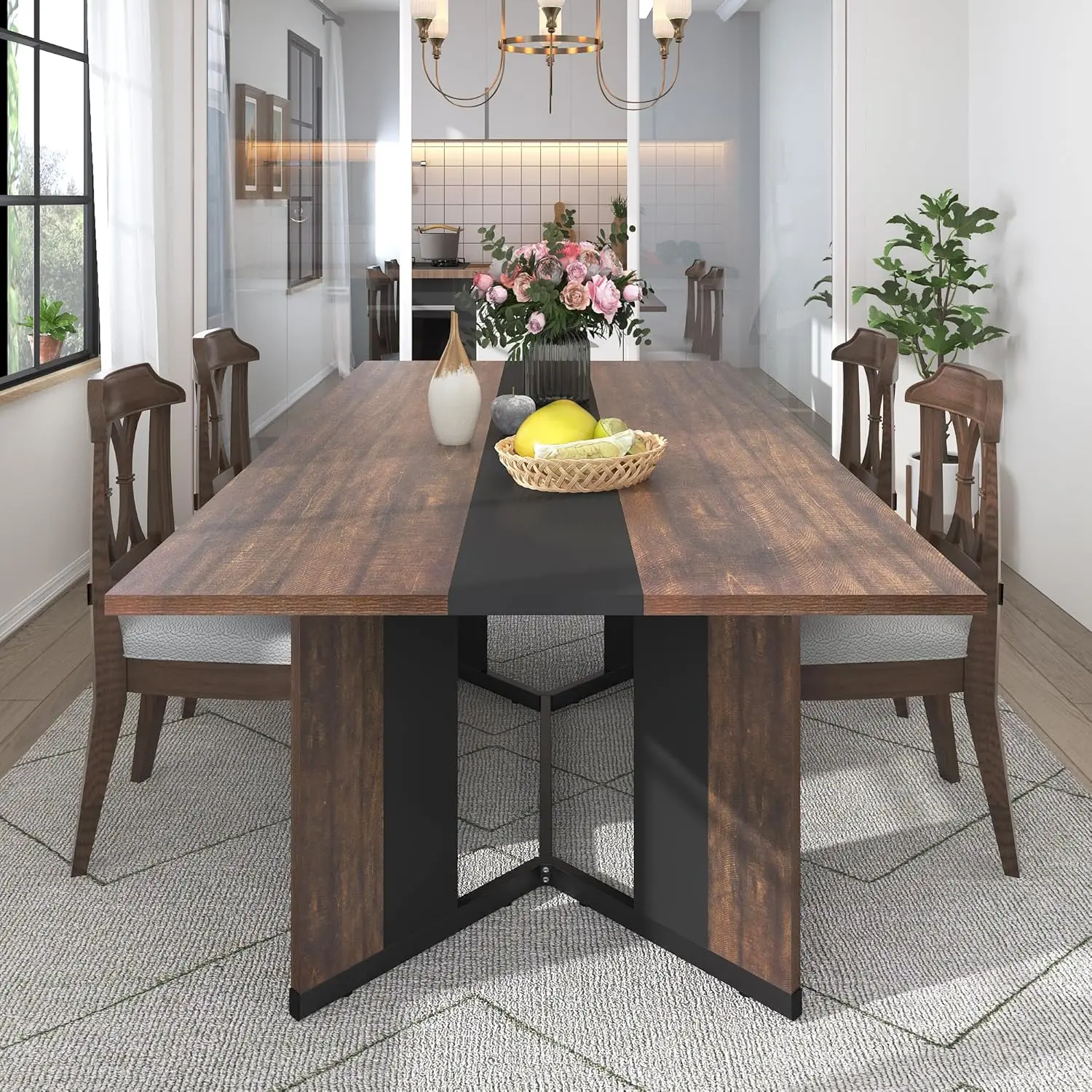 71In Large Rectangular Dining Table for 4 5 6 7 8 People w/35 Marble-Color Wood Watrproof Brown Tabletop Adjustable Leg.6ft