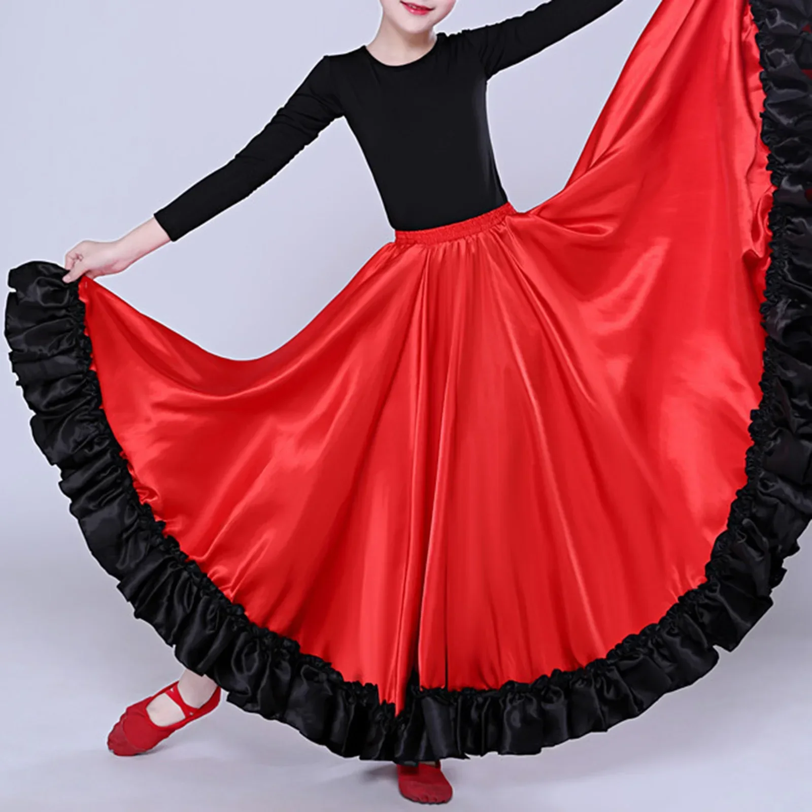 Kids Girls Spanish Paso Doble Matado Skirt Flamenco Latin Dance Stage Performance Costume Big Swing Ruffled Hem Skirt Dancewear kids flamenco skirt
