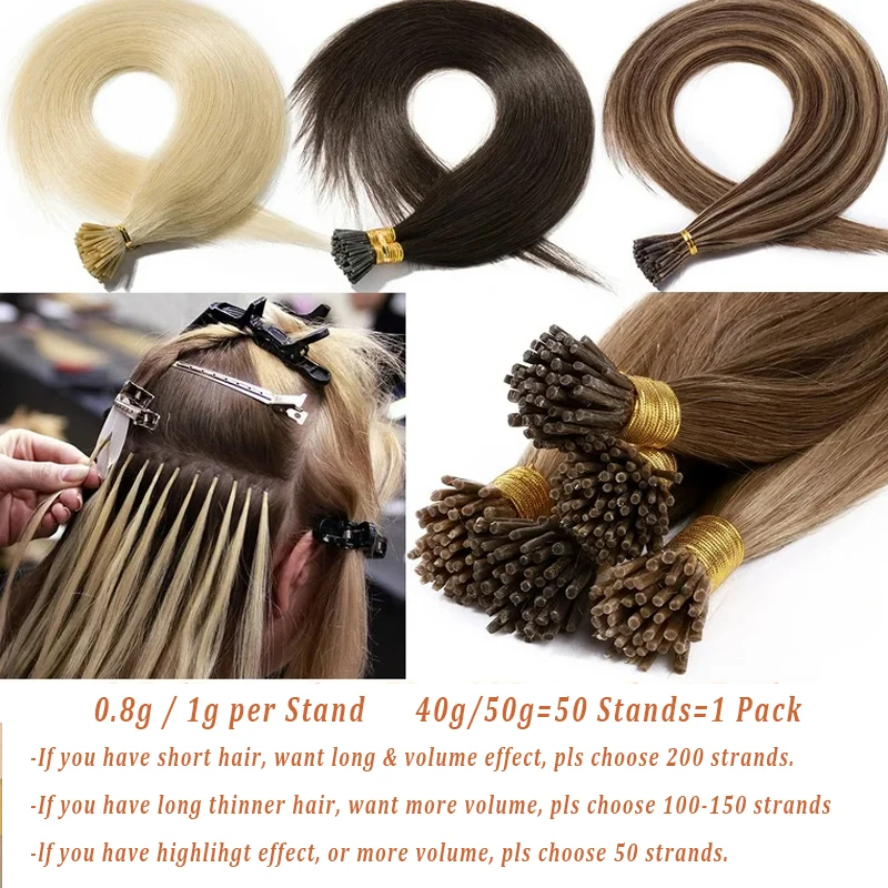 I Tip Hair Extension Straight Human Hair Extension 0.8g/ 1g/Strand 50pc/Set Capsule Keratin Natural Fusion Human